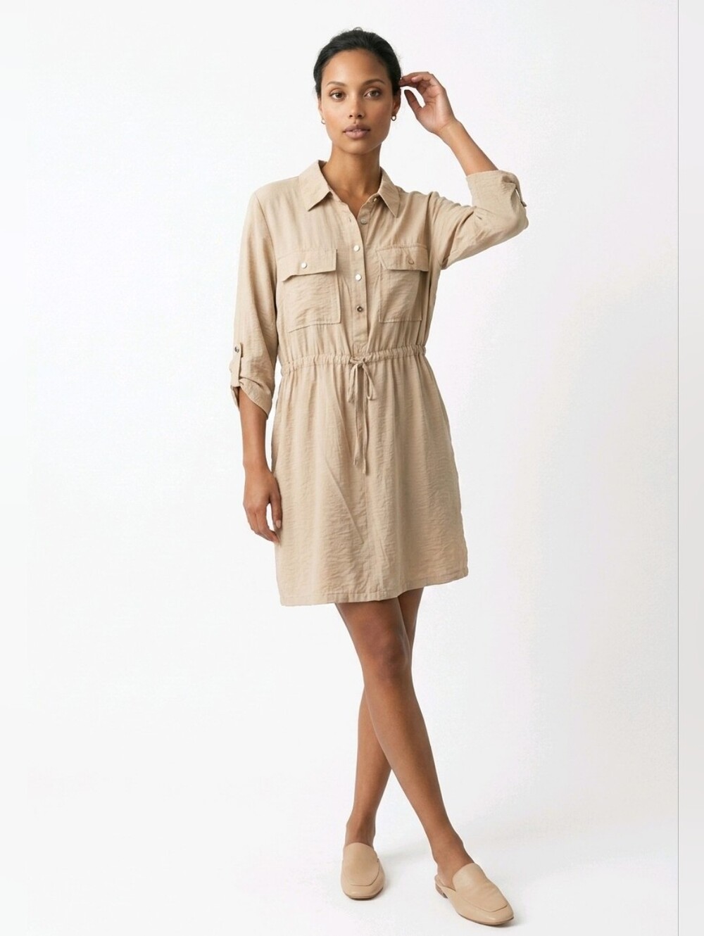 F&F Light Tan Collared Shirt Dress